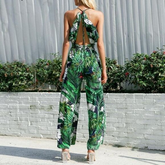 FashionNova Boho Green Ruffle Leaf Print Sexy jumpsuit | size M | NWT - Picture 3 of 9